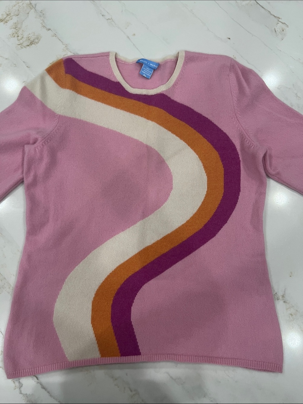 Retro Y2K White + Warren Pink Crewneck Sweater with Cream, Orange & Purple Wave